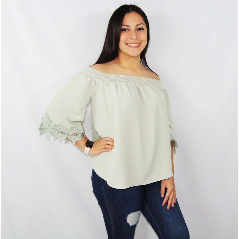 FSL Apparel Off-Shoulder Lace-Trim Sage Blouse, Sz Medium, NWT